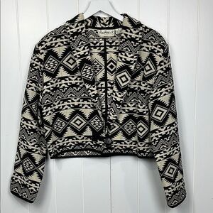 Flashback Womens Bolero Jacket Black/ Cream M Aztec Print Open Front Button EUC